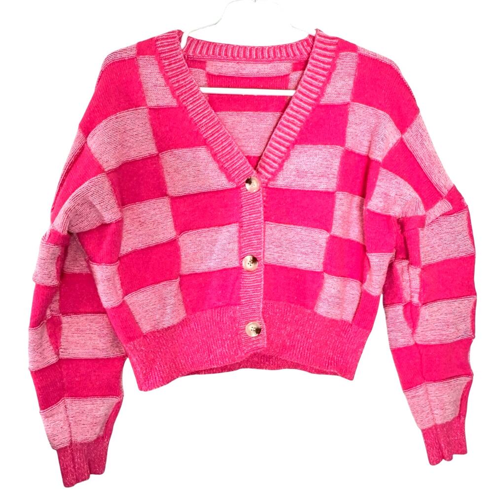 Women's Gingham Taffy Pink Retro Style Cropped V-Neck Cardigan Barbiecore